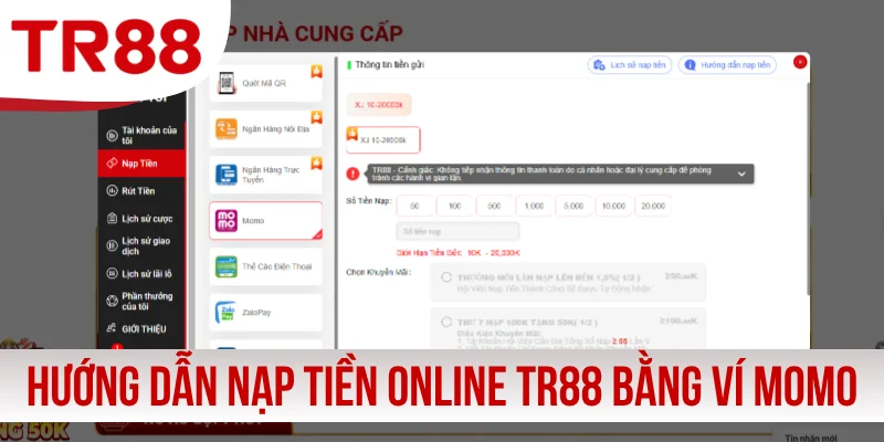 Hướng dẫn nạp tiền online TR88 bằng ví Momo